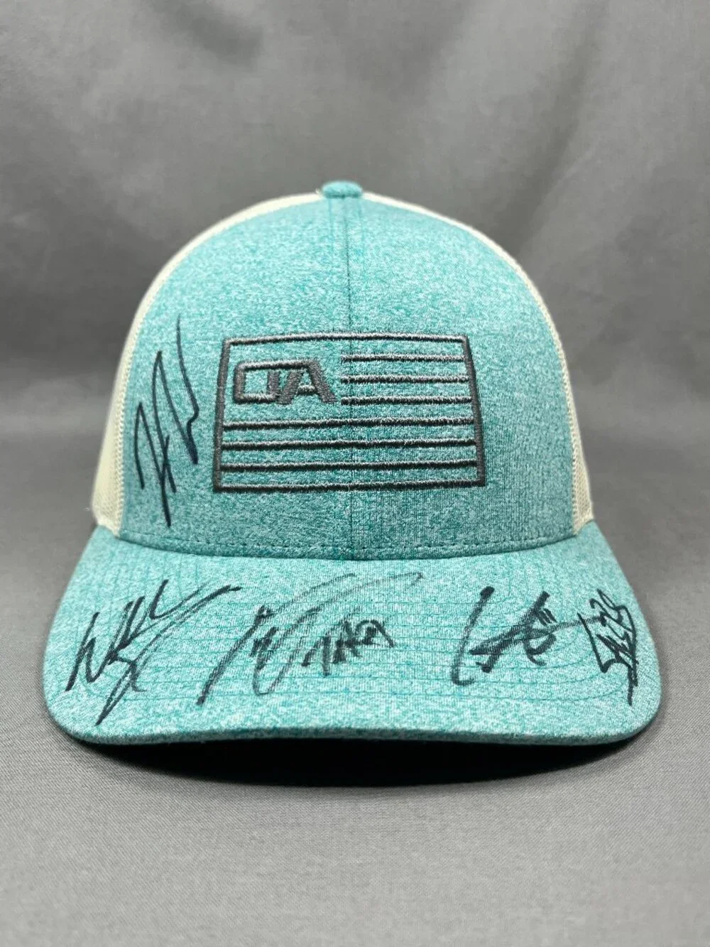 Richardson Trucker Hat Blue Teal Ivory Mesh Snapback Fishing Flag Signatures Cap